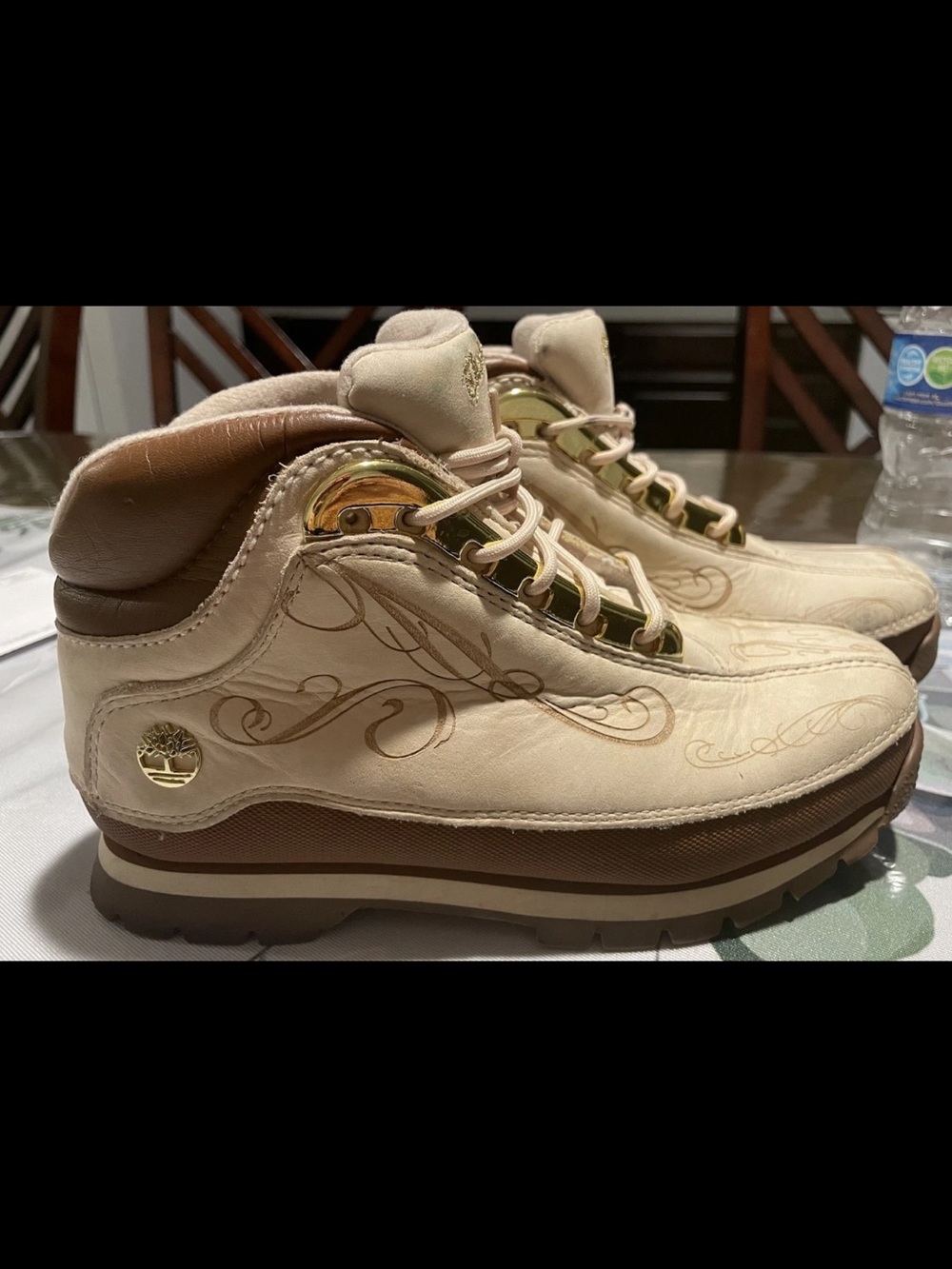 Timberland Cream and Brown Leather Hiker Shoes with Gold Hardware